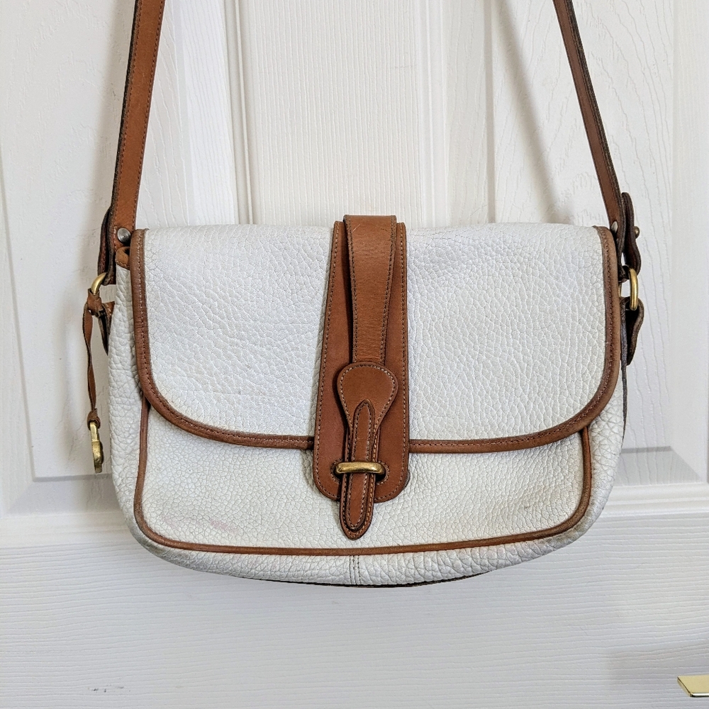 Vintage Dooney & Bourke Brown and White Pebbled Flap Leather Crossbody Bag